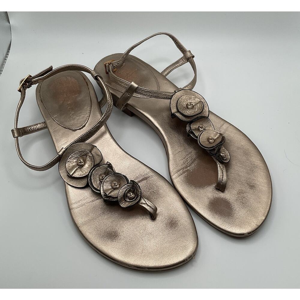 Cole Haan Sandals Womens 7.5B Beige Tan Leather Flowers‎ Flats Slingback Strappy